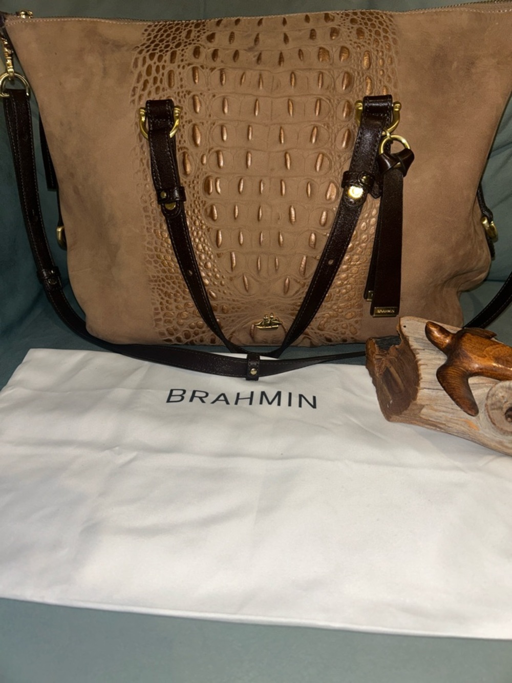 Brahmin Delaney Crocodile-Embossed Limited Edition Suede/Leather Tan &Brown Bag